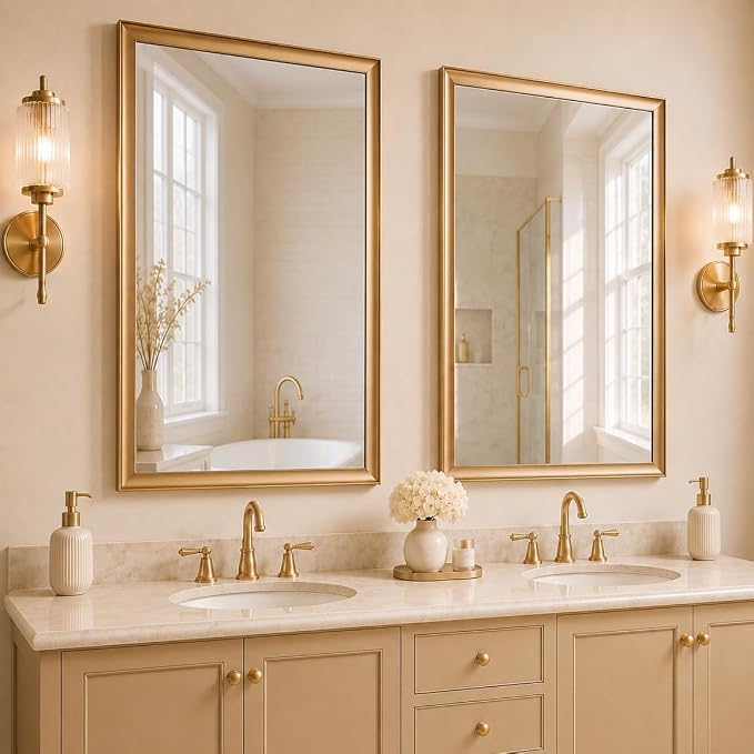 2 Pack 24x36 Inch Brushed Gold Bathroom Mirrors for Over Sink | Curved Aluminum Frame Rectangle Vanity Mirror Set for Double Sink, HD Tempered Glass, Anti-Rust, Horizontal or Vertical