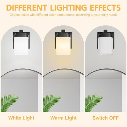 Bathroom Light Fixtures, Vanity Lights Wall Sconces Set of Two | 1-light black bathroom llight fixtures over mirror with milky white square glass shade, 4.72" farmhouse bathroom wall lamps