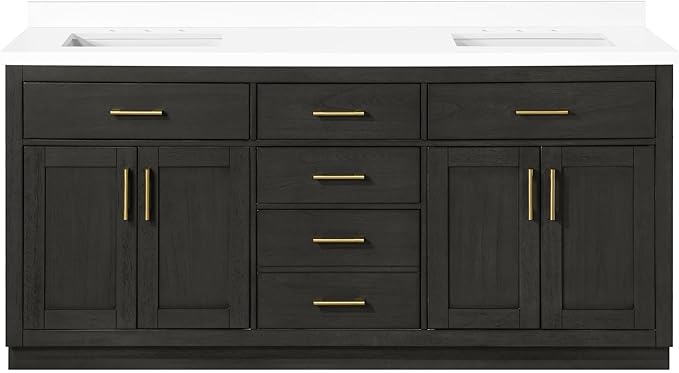 OVE Decors Bailey 72 in. Double Sink Freestanding Matte Black Wood Bathroom Vanity with White Quartz Top, Matching Backsplash and Power Bar