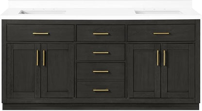 OVE Decors Bailey 72 in. Double Sink Freestanding Matte Black Wood Bathroom Vanity with White Quartz Top, Matching Backsplash and Power Bar