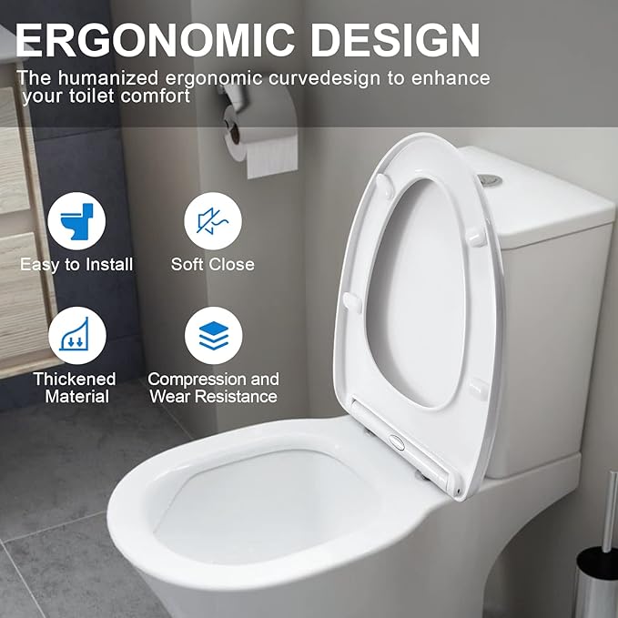 MUU Toilet seat, Slow Close, White heavy duty Toilet Seat with Non-slip Seat Bumpers Easy to Install & Clean PP Material Replacement Toilet Seat Fits All Toilet Brands Elongated Toilets(MU357-PP)
