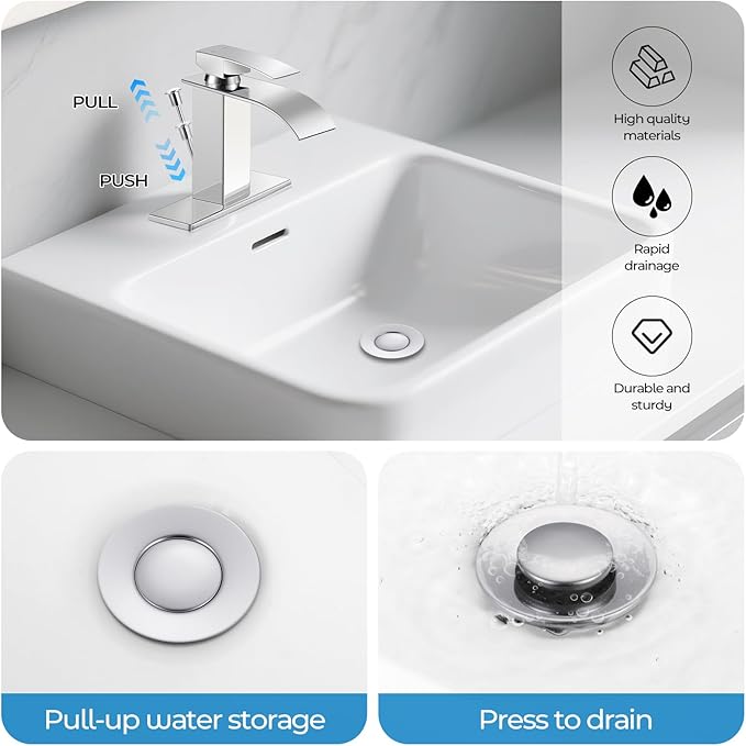 Chrome Bathroom Faucet with Lift Rod Drain, Waterfall Bathroom Sink Faucet Modern Single Handle Bathroom Faucte 1 or 3 Hole, RV Mixer Tap Vanity Faucet Washbasin Faucet with Deck