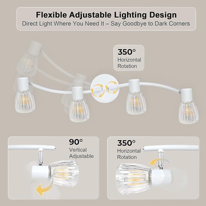 HiBay 4-Light Track Lighting White, Adjustable Modern Ceiling Light Fixture | with Glass Shades, Flush Mount Ceiling Wall Spotlight Indoor for Bathroom, Kitchen, Living Room, E12 Base, No Bulbs