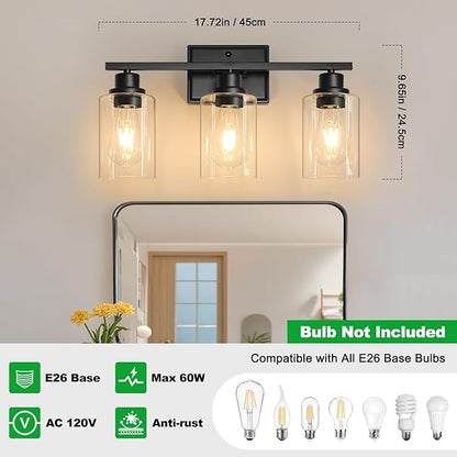 Unicozin 3 Light Bathroom Light Fixtures, Modern Vanity Lights Over Mirror, Black Wall Lamp with Clear Glass for Living Room Cabinet Bedroom Porch