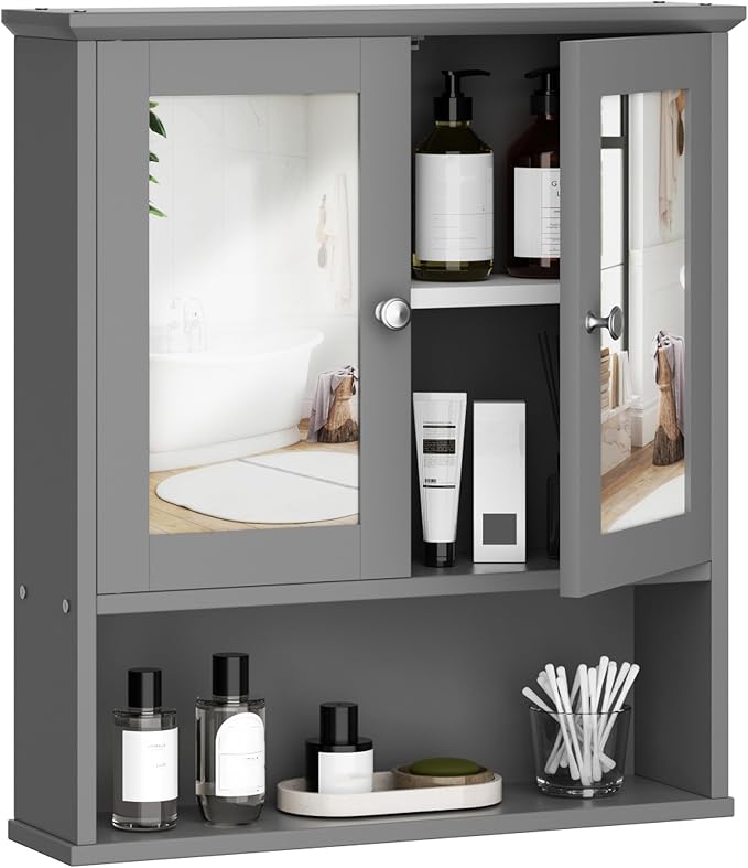 Shintenchi Bathroom Medicine Cabinet with Mirror, Wall Mounted, Gray | Over The Toilet Cupboard, Adjustable Shelf, Open & Concealed Storage, 2 Magnet Doors, Space-Saving, Easy to Clean
