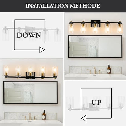 5 Light Bathroom Vanity Light Fixtures, Black and Gold with Clear Glass Shade, Modern Wall Sconce Over Mirror, Brushed Gold for Bathroom (E26 Base)