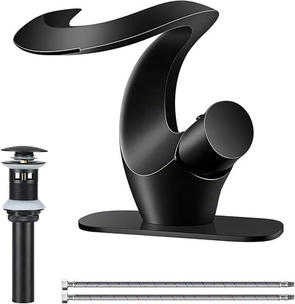 Elegant Alien Matte Black Bathroom Sink Faucet Single Hole,AUU Waterfall Black Vanity Sink Faucet Solid Brass,Single Handle Basin Tap with Pop Up Drian&Deck Plate
