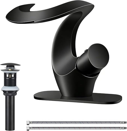Elegant Alien Matte Black Bathroom Sink Faucet Single Hole,AUU Waterfall Black Vanity Sink Faucet Solid Brass,Single Handle Basin Tap with Pop Up Drian&Deck Plate