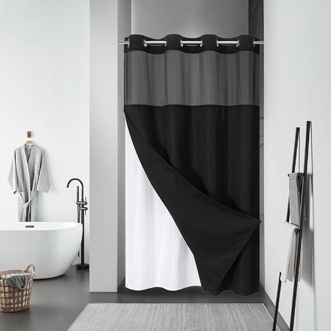 eachope No Hook Waffle Shower Curtain with Snap-in Liner, 54x80 Inch, Black | 230GSM waffle weave fabric, waterproof liner set with 2 bottom magnets, mesh window, washable, for shower stalls or bathrooms