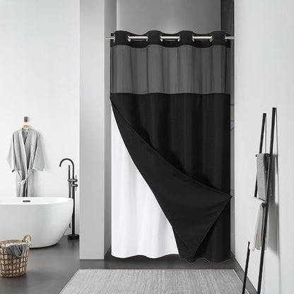 eachope No Hook Waffle Shower Curtain with Snap-in Liner, 54x80 Inch, Black | 230GSM waffle weave fabric, waterproof liner set with 2 bottom magnets, mesh window, washable, for shower stalls or bathrooms