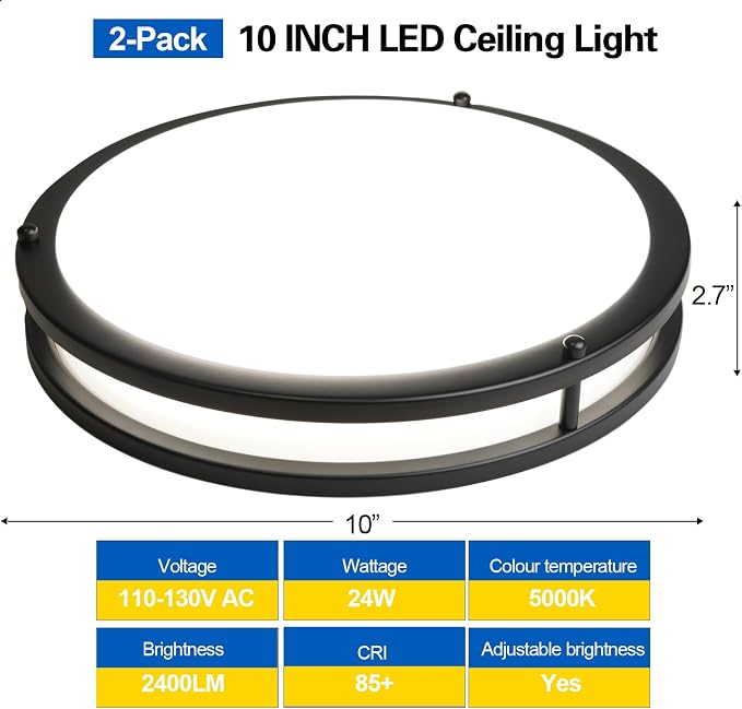 10inch LED Flush Mount Ceiling Light Fixture Dimmable Matte Black, Easy Install LED Ceiling Lamp Fixture Without Flicker, Super Bright 24W 2400LM 5000K 2-Pack
