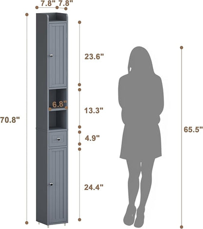 ChooChoo Narrow Bathroom Storage Cabinet with Adjustable Shelves, Tall Storage Cabinet with 2 Doors and 1 Drawer, Freestanding Cupboard for Small Spaces, Grey