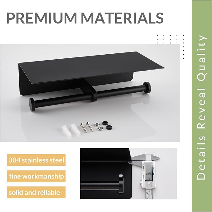 Matte Black Double Tissue Holder with Storage Shelf, Wall Mounted | 304 Stainless Steel Toilet Paper Holder, Rustproof for Bathroom Restroom Powder Room, Dual Rolls Dispenser, Large Phone Shelf