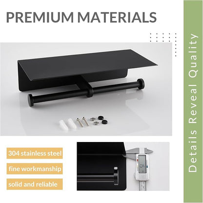 Matte Black Double Tissue Holder with Storage Shelf, Wall Mounted | 304 Stainless Steel Toilet Paper Holder, Rustproof for Bathroom Restroom Powder Room, Dual Rolls Dispenser, Large Phone Shelf