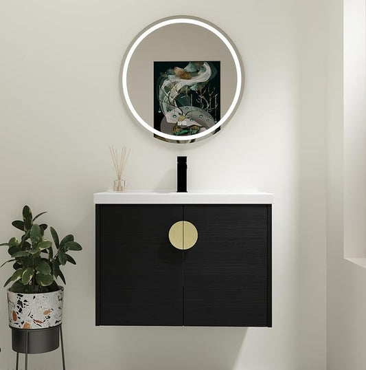 28inch Wall Mount Bathroom Vanity w/Sink Combo for Small Space, Ceramic Countertop Double Doors Modern Bathroom Vanity Cabinet, Floating Black Bathroom Vanity and Sink Set w/Gold Handle