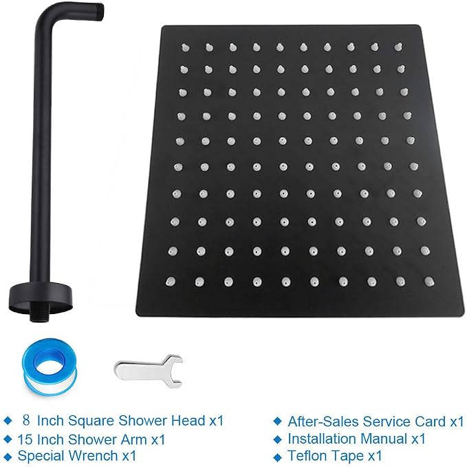 NearMoon Square Rain Shower Head With Extension Arm, Large Stainless Steel Rainfall Shower-Waterfall Full Body Coverage (8 Inch, Matte Black)