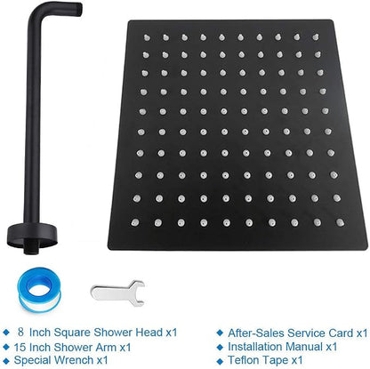 NearMoon Square Rain Shower Head With Extension Arm, Large Stainless Steel Rainfall Shower-Waterfall Full Body Coverage (8 Inch, Matte Black)