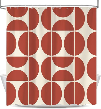 Red Brown Mid Century Modern Shower Curtain, Boho Abstract Geometric Retro Art Shower Curtains for Bathroom, Colorful Unique Pattern Polyester Fabric Shower Curtain Set 12 Hooks 72X72IN