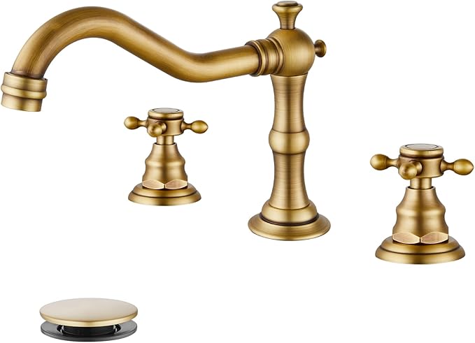 gotonovo 3 Hole Widespread Bathroom Sink Faucet Double Cross Handle Mixer Tap Faucet for Bathroom Sink Vanity Faucet Deck Mount Basin Hot Cold Water Matching Pop Up Drain Antique Brass