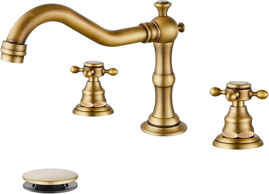 gotonovo 3 Hole Widespread Bathroom Sink Faucet Double Cross Handle Mixer Tap Faucet for Bathroom Sink Vanity Faucet Deck Mount Basin Hot Cold Water Matching Pop Up Drain Antique Brass