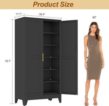 79" Black Metal Storage Cabinet with 2 Doors and 5 Adjustable Shelves,Steel Garage Tool Cabinet, File Cabinet,Kitchen Pantry Cabinet for Home,Office,Garage,School,Warehouse