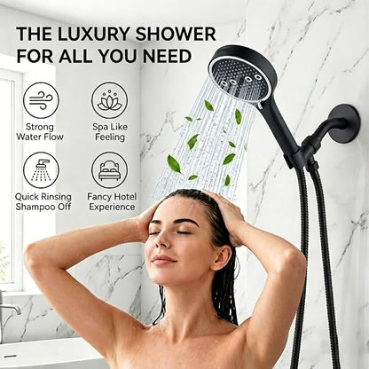 Handheld Shower Head with Hose, 6 Spray Settings, High Pressure, Chrome Finish, Rain, Pulse, Boost, Spray, Mix, Cleaning Modes (Black)