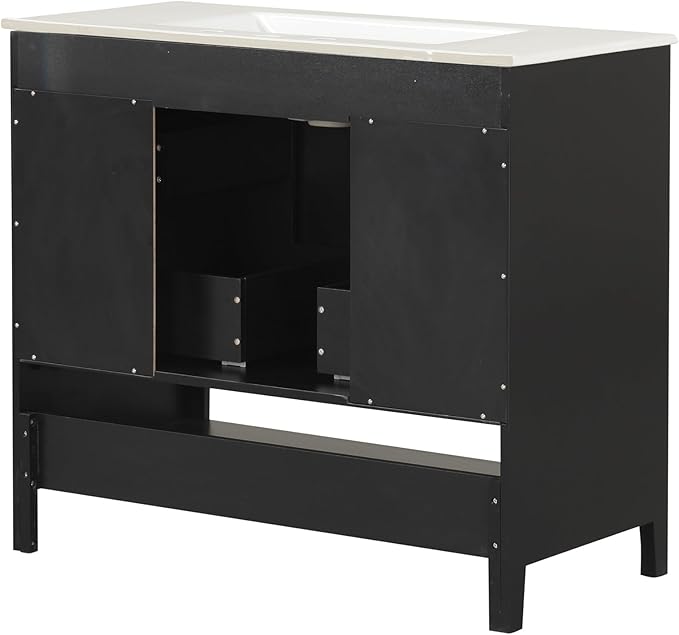 LUMISOL 36 Inch Bathroom Vanity with Ceramic Sink, Modern Black Bathroom Sink Cabinet with 2 Drawers, Storage Racks & Open Shelf, Solid Wood Bathroom Vanity with Sink Combo, Black