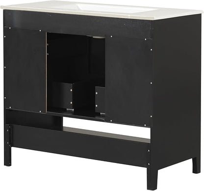 LUMISOL 36 Inch Bathroom Vanity with Ceramic Sink, Modern Black Bathroom Sink Cabinet with 2 Drawers, Storage Racks & Open Shelf, Solid Wood Bathroom Vanity with Sink Combo, Black