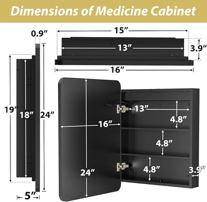 APRILSOUL 16x24 Inch Lighted Bathroom Medicine Cabinet with Mirror, Black Recessed or Surface Mount Medicine Cabinet Mirror with Storage and LED Lights, 3 Colors Temperature, Dimmable Light