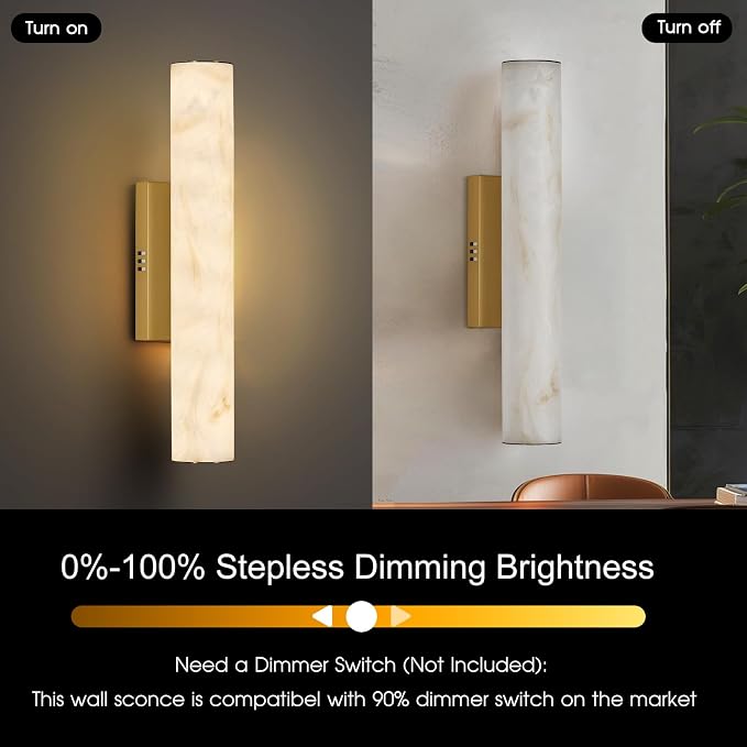 Alabaster Wall Sconce, 20in Linear Gold Brass Wall Sconces, Luxury Marble Look Bathroom Vanity Light, 3000K Dimmable Hardwired Wall Lamp for Living Room Bedroom Hallway, 1 Pack, Faux Alabaster
