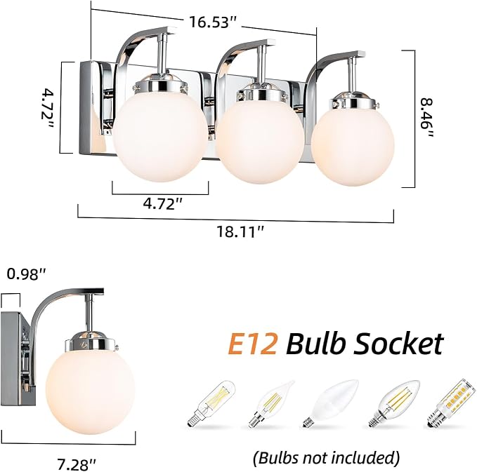 3 Lights Bathroom Vanity Light Fixtures Modern Chrome Vanity Light with Milk White Glass Globe Shade Bathroom Lighting Over Mirror Wall Sconce for Bedroom Living Room Hallway