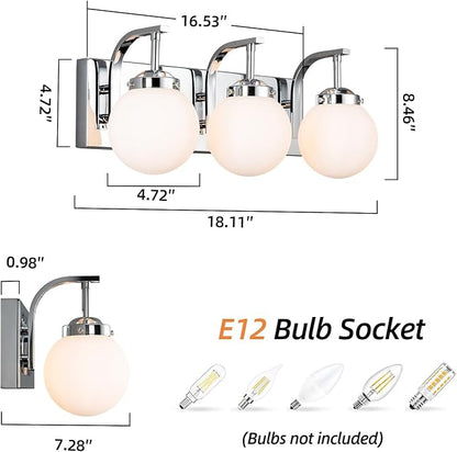 3 Lights Bathroom Vanity Light Fixtures Modern Chrome Vanity Light with Milk White Glass Globe Shade Bathroom Lighting Over Mirror Wall Sconce for Bedroom Living Room Hallway
