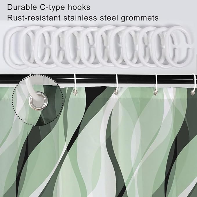 Green Shower Curtain, Modern Abstract Ombre Green Striped Shower Curtain Set for Bathroom Waterproof Polyester Shower Curtain with Hooks, 72x78 Inch