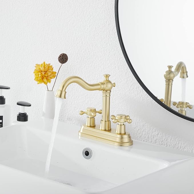 Bathroom Faucet Brushed Gold GGStudy 2 Handles 4 Inches Centerset Bathroom Vanity with Drain Assembly and Supply Hose Lavatory Mixer Double Handle Tap