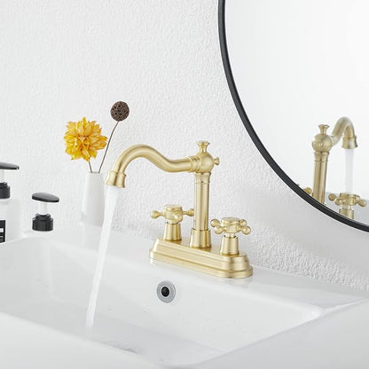 Bathroom Faucet Brushed Gold GGStudy 2 Handles 4 Inches Centerset Bathroom Vanity with Drain Assembly and Supply Hose Lavatory Mixer Double Handle Tap