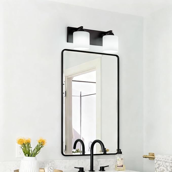 mirrea 16in 2-Light Black Vanity Lights for Bathroom, Vanity Lighting Fixtures with Etched White Glass Shades