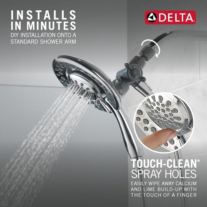 Delta 4-Setting In2ition 2-in-1 Dual Shower Head with HandHeld Spray, Chrome Detachable Shower Head with Hose, Showerhead, 1.75 GPM Flow Rate, Chrome 75486C