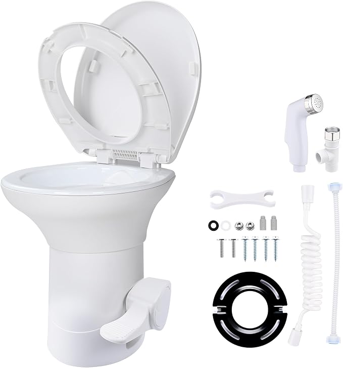 Yescom RV Toilet with Bidet Spray Porcelain Enamel Elongated Gravity Flush | Foot Pedal Toilet for Motorhome Caravan Travel Tailer 20" Seating Height Portable Restroom Toilet Fits for Marine