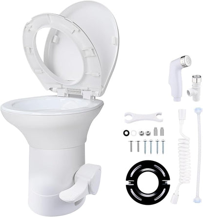 Yescom RV Toilet with Bidet Spray Porcelain Enamel Elongated Gravity Flush | Foot Pedal Toilet for Motorhome Caravan Travel Tailer 20" Seating Height Portable Restroom Toilet Fits for Marine