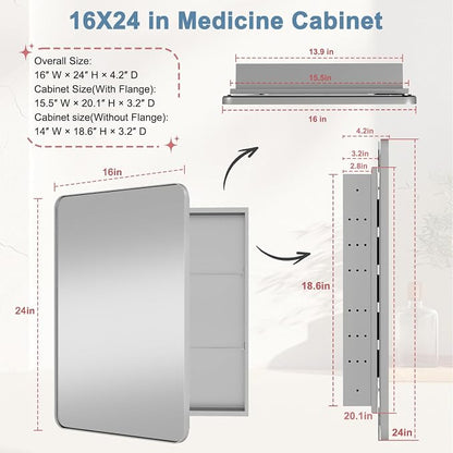 16x24 in Bathroom Medicine Cabinet with Mirror, Matte Silver | Fully Assembled; Recessed or Surface Wall Mount; Metal Cabinet with Tempered Glass Mirror and Two Adjustable Glass Shelves
