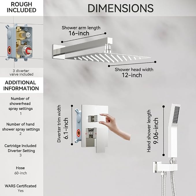 Shower System Shower Faucet Set, STARBATH 12" Wall Mount Rain Shower Head and Handheld Spray for Two Person, Rainfall Shower System with Diverter Valve and Trim Kit Complete,Chrome