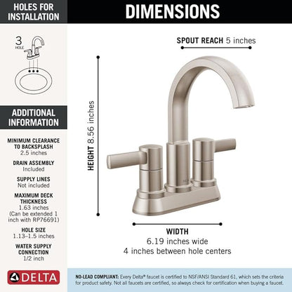 Delta Albion Centerset Brushed Nickel Bathroom Faucet, 4 Inch 3 Hole Bathroom Sink Faucet for Vanity, Metal Push-Pop Drain Assembly, SpotShield Brushed Nickel 25855LF-SP