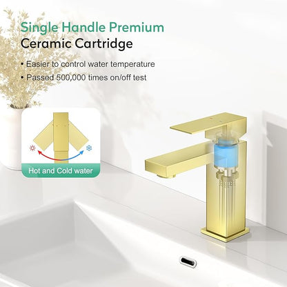 Faustina Light Gold Bathroom Faucet, Single Handle Stainless Steel Bathroom Vanity Faucet with Metal Pop-Up Drain & Deck Plate for 1 or 3 Hole