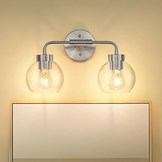 zeyu 2-Light Wall-Mount Vanity Light with Clear Globe Glass, ZS62BG-2W BN | Brushed Nickel Vanity Lighting, Hardwired, 2 E26 Bulbs Up To 60W Each, Clear Globe Glass Shades, For Bathroom Mirror
