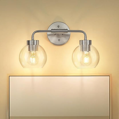 zeyu 2-Light Wall-Mount Vanity Light with Clear Globe Glass, ZS62BG-2W BN | Brushed Nickel Vanity Lighting, Hardwired, 2 E26 Bulbs Up To 60W Each, Clear Globe Glass Shades, For Bathroom Mirror