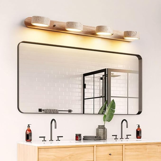 Farmhouse Wood Vanity Light 4 Lights Natural Stone Shade | Nordic Style Travertine Linear Bathroom Light Fixture Rotatable LED Wall Light Over Mirror - Natural Wood Color