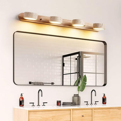 Farmhouse Wood Vanity Light 4 Lights Natural Stone Shade | Nordic Style Travertine Linear Bathroom Light Fixture Rotatable LED Wall Light Over Mirror - Natural Wood Color