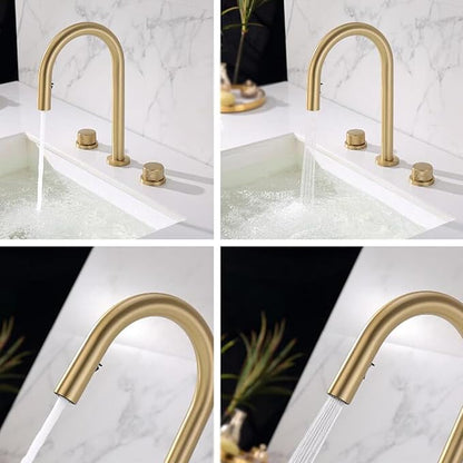 3 Hole Basin Mixer Faucet Pull Brass 3 Hole Bathroom Faucets Dual Mode 2 Handles-Brushed Gold