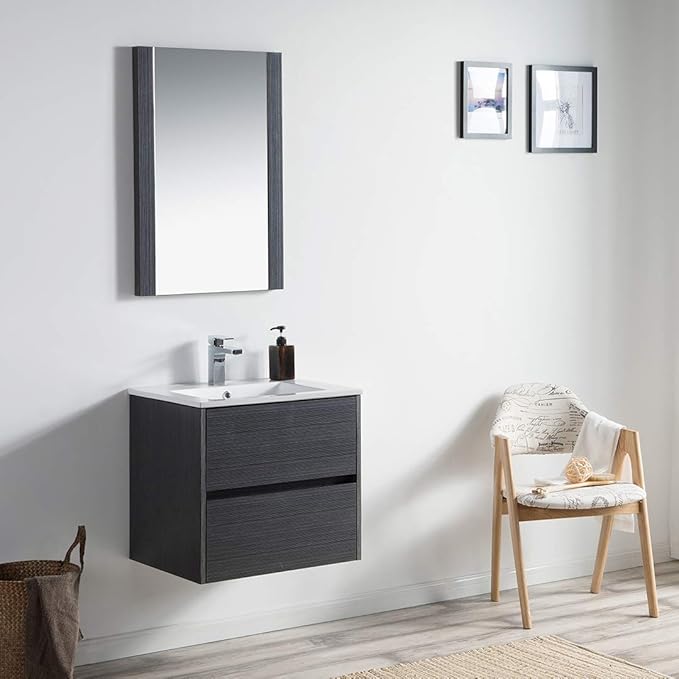 Blossom 24 Inch Bathroom Vanity with Sink - All Wood Floating Vanity Cabinet with Ceramic Sink - 2 Soft-Closing U-Shaped Cutout Drawers - Modern Bathroom Storage Vanities, Silver Grey Finish