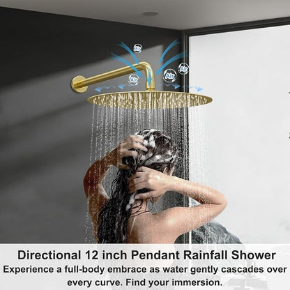 Shower Systems, Bostingner 12+6" Round Dual Rainfall Shower head with 2 in 1 Handheld Spray, Can Use All at Once, Wall Mount Push Button Shower Faucet Set with Valve and Trim Kit,Brushed Gold